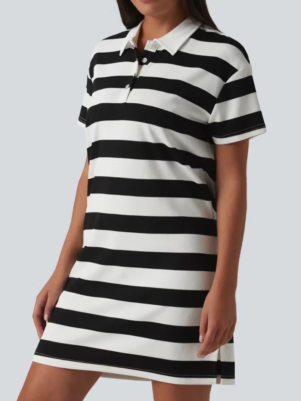 HALARA Black White Striped Preppy Golf Tennis Coastal Grandma Polo Mini Dress